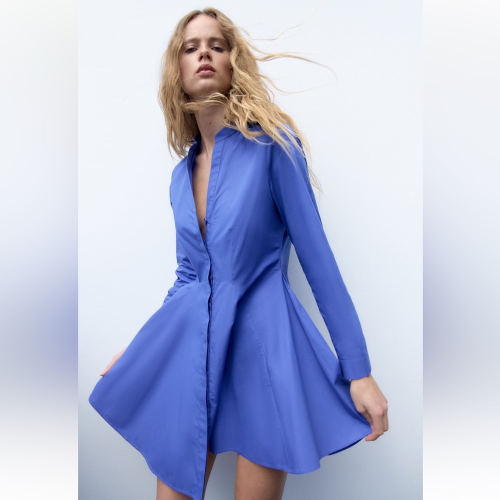 Zara SHORT POPLIN DRESS. Blue. Size XS. New with Tags.